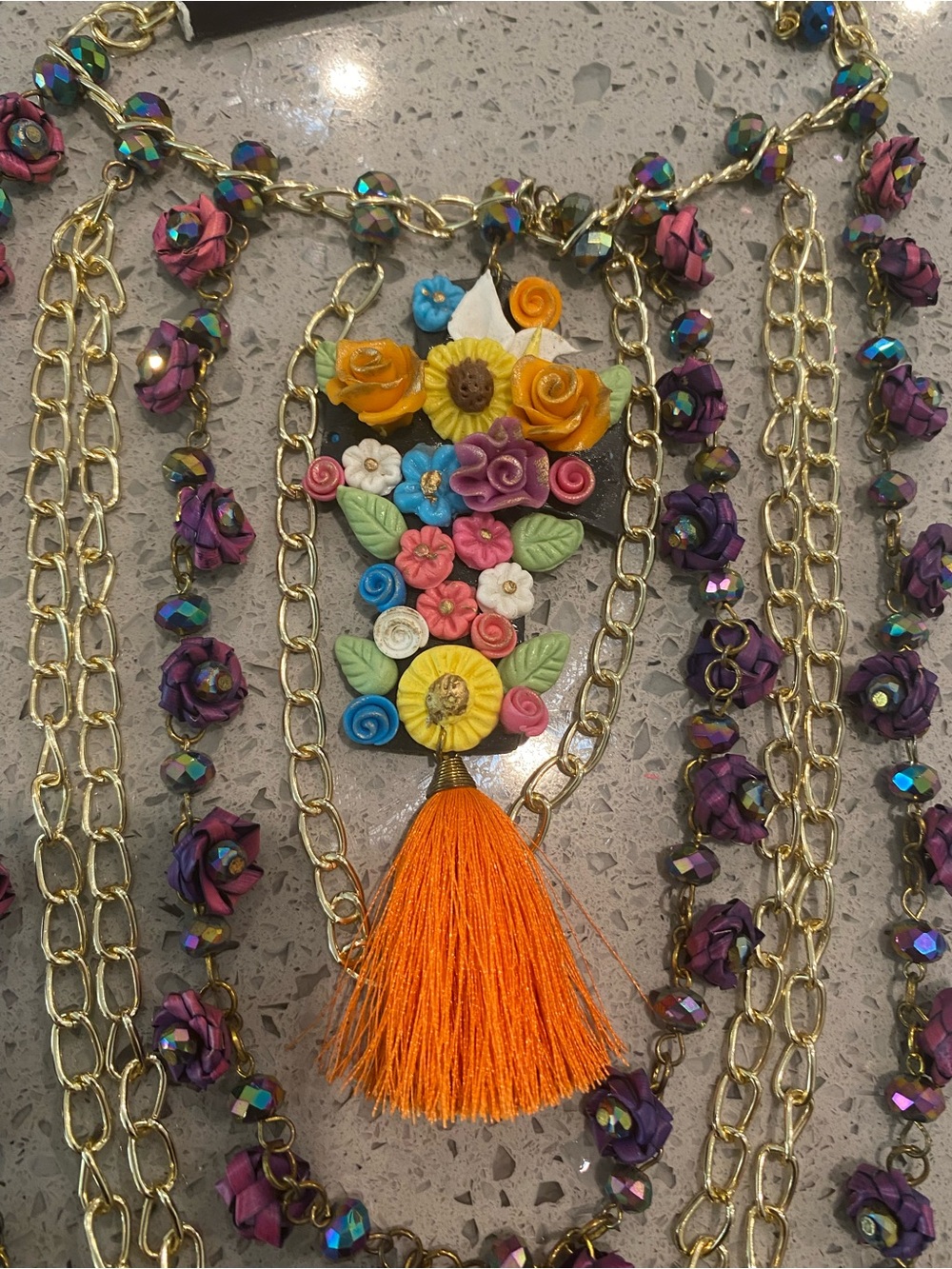 Hand Crafted Multicolor Floral Statement Necklace with Orange Tassel - Picture 4 of 6